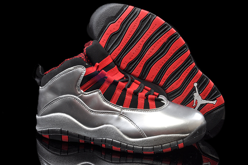 Air Jordan 10 Mens Shoes Silver Gray/Red And Black Stripes Onlin